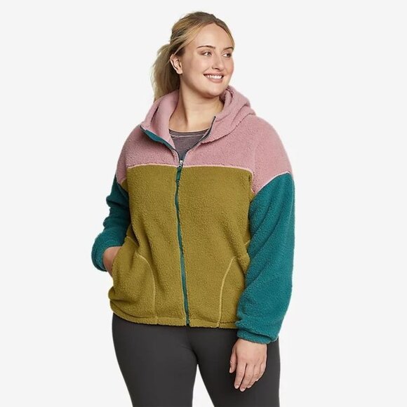 Eddie Bauer We Wander Faux Shearling Fleece Hooded Jacket L Color Blocked Fluffy - Picture 1 of 7